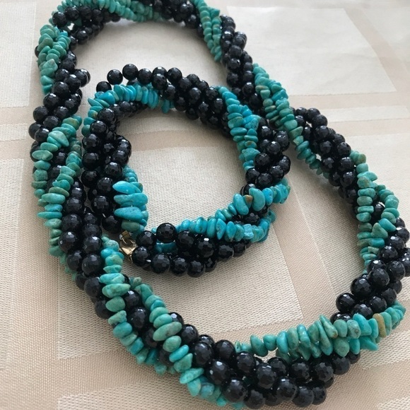 14k Turquoise Black Jet Bracelet Necklace Set - Picture 11 of 12